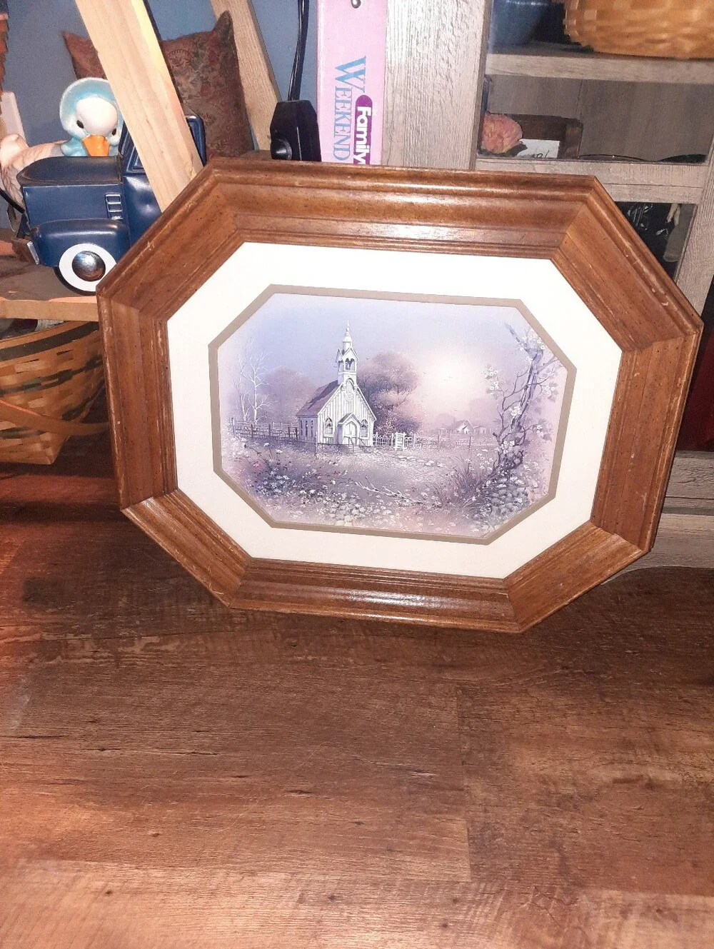 Vintage Framed Homeco Pastel Chapel Print in Brown Octagonal Frame
